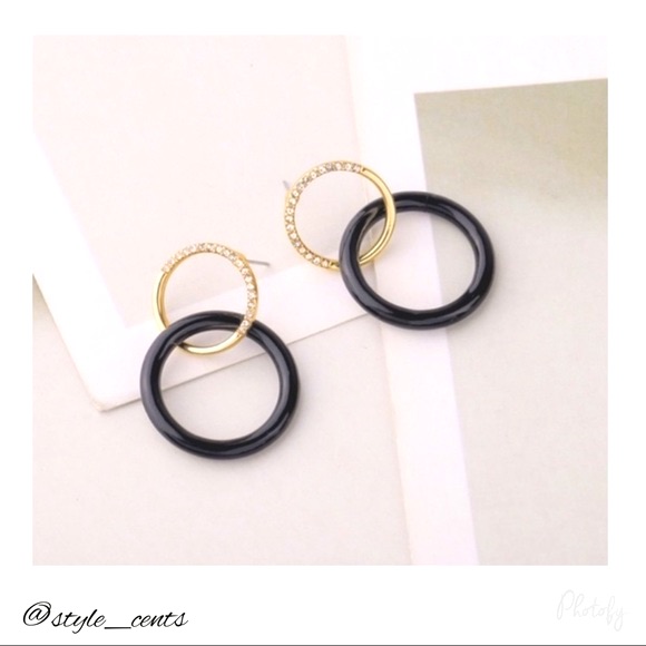 Nwt Boutique Black & Gold Double Circle Earrings